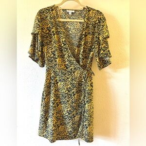 Topshop Black and Gold Animal Print Midi wrap Dress